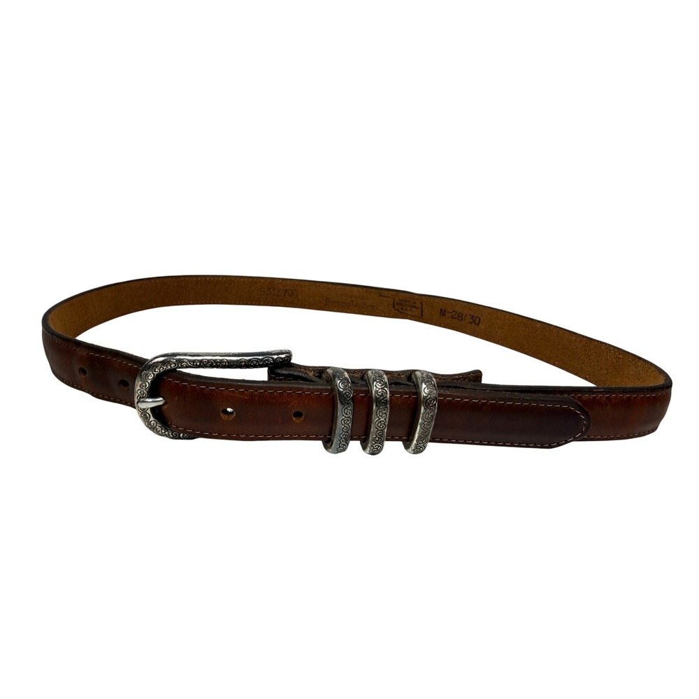Brighton Brown Leather Western Belt Silver Scroll Buckle Triple M 28/30 BH